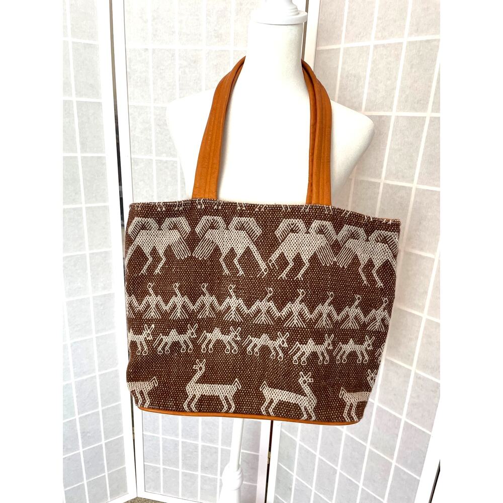 Awamaki Handmade Peru Leather Woven Tote Bag Artisan Market Boho Folk Neutral